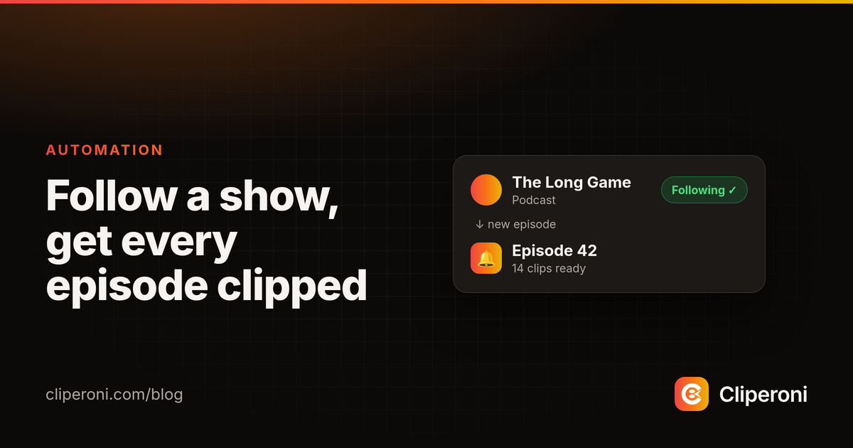 A 'Following' card for a podcast whose new episode already has 14 clips ready