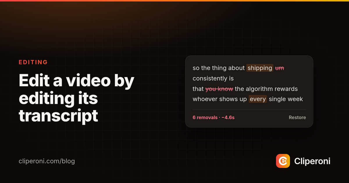 A transcript with filler words struck through and a '6 removals, −4.6s' strip