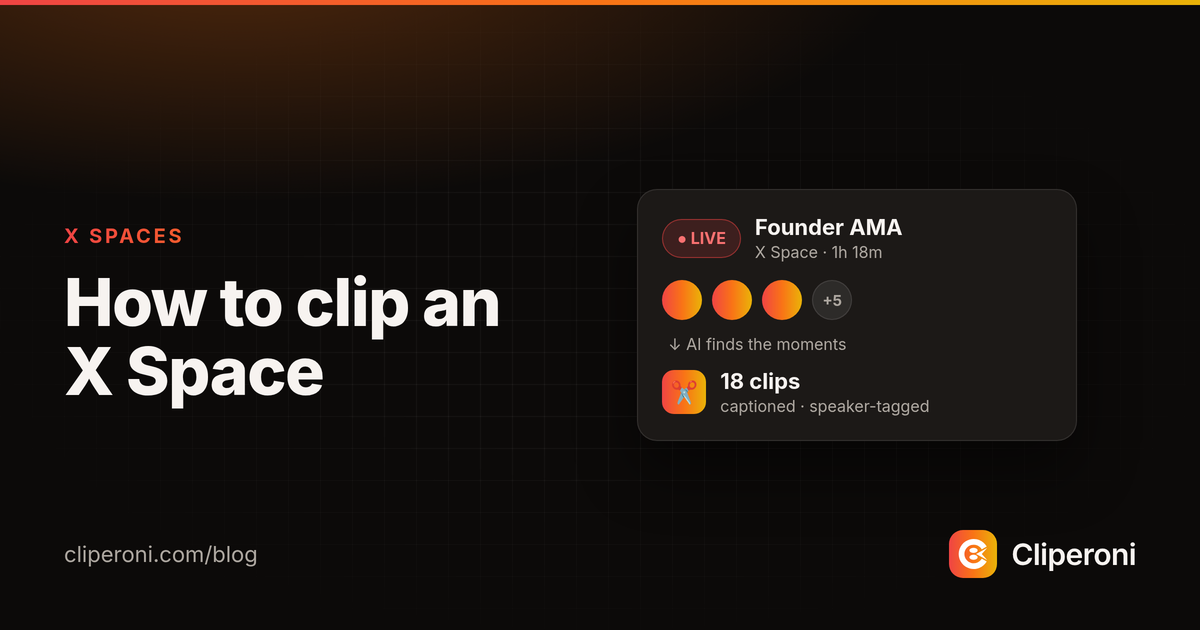 A live X Space card with speakers, turning into a set of clips